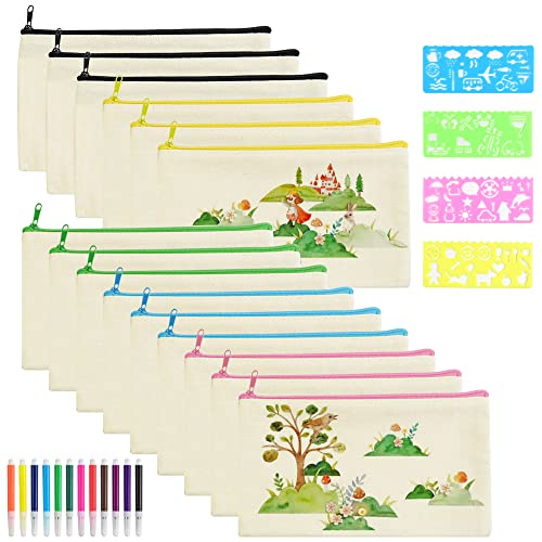 15 Stk Federmäppchen Blanko Schulmäppchen Mäppchen Diy Federtasche 5 Farbe Schlampermäppchen Stiftetasche zum Bemalen Stiftemappe Mäppchen Set mit 12 Aquarellstifte 4 Malschablone für Kinder von Kleemeiero