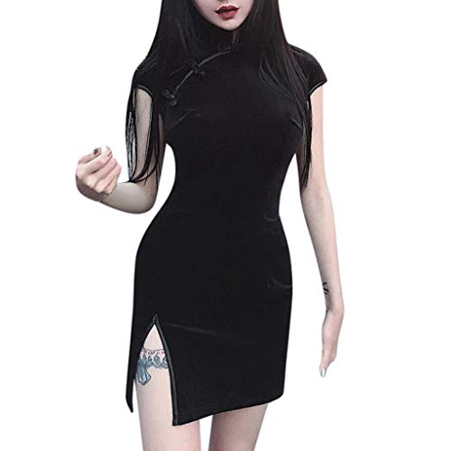 Dasongff Damen Gothic Enges Kleid Chinesischen Stil Traditionellen Samt Kurzarm Mini Split Cheongsam Punk Sommerkleid Bodycon Minikleid Qipao Kleid Figurbetontes Vintage Split Kleid von Kleider Damen Dasongff