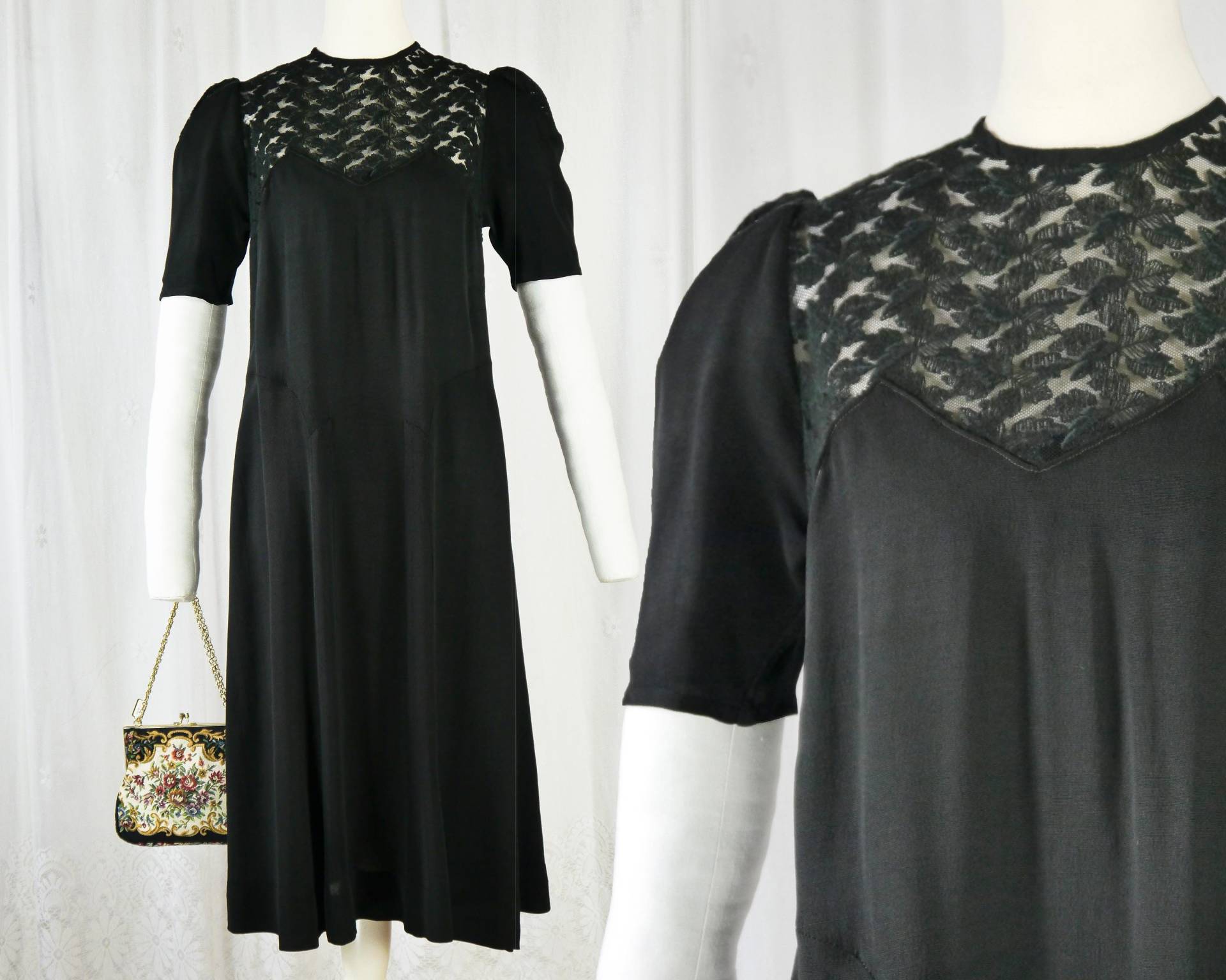 Vintage 1930Er Schwarzes Sommerkleid Mit Spitzendekoltée Xs Vintage 1930Er Schwarzes Sommerkleid Mit Spitzendekoltée Xs von KleiderKatzeVintage