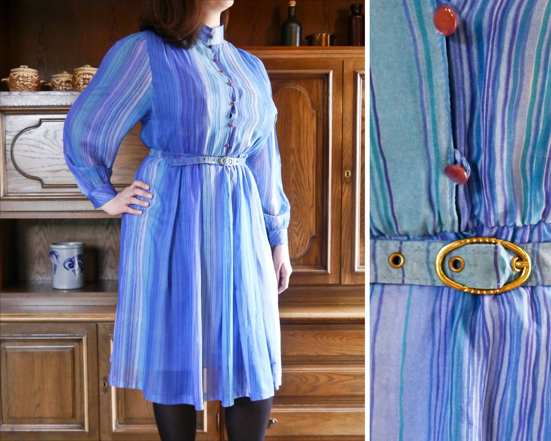 Vintage 70Er Blau Gestreiftes Organza Seidenkleid Mit Gürtel L-xl Vintage 70Er Blau Gestreiftes Organza Seidenkleid Mit Gürtel L-xl von KleiderKatzeVintage