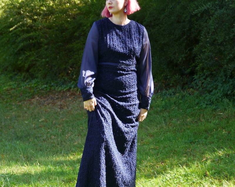 Vintage 70Er Dunkelblaues Maxi Abendkleid Spitze & Chiffon M-L von KleiderKatzeVintage