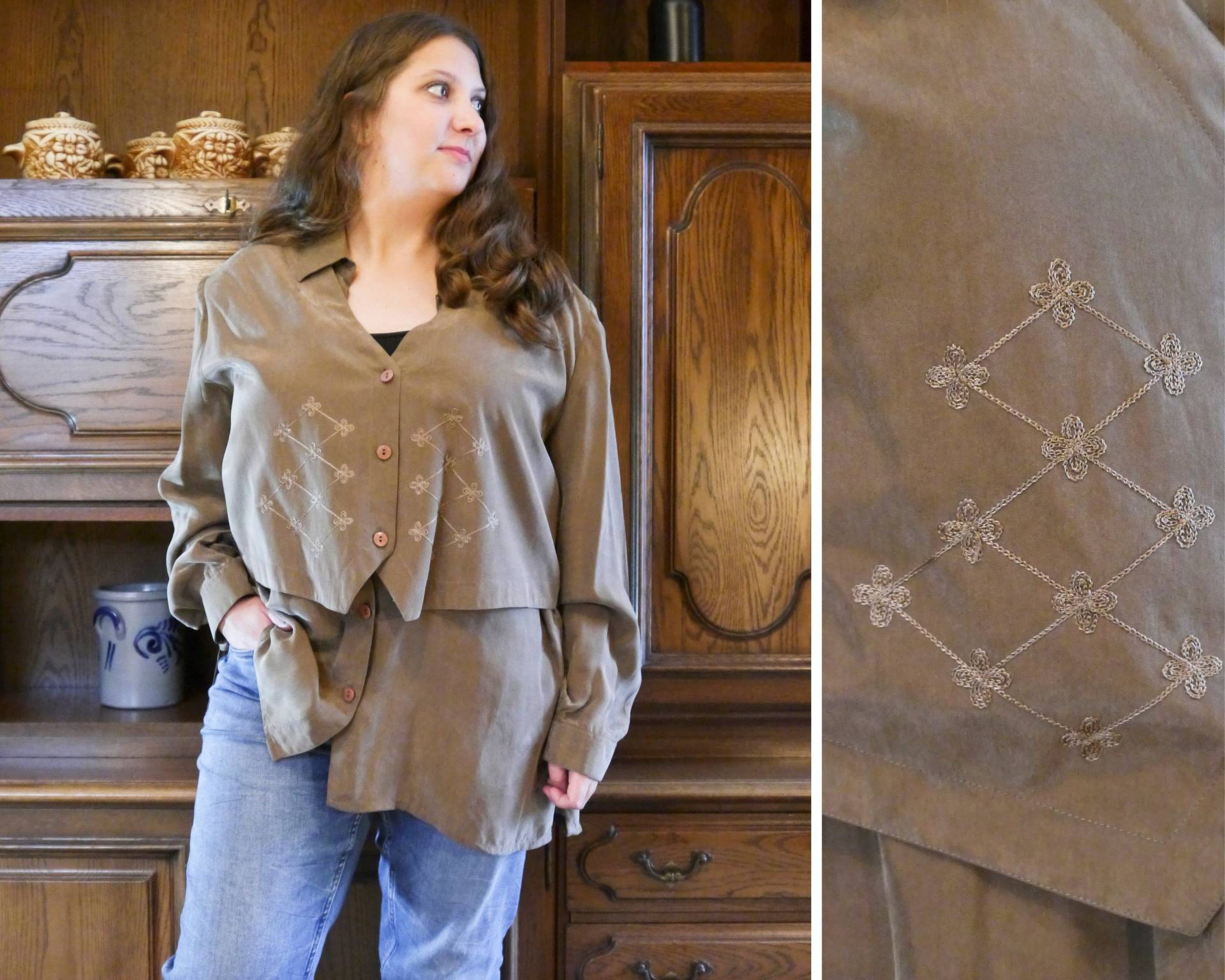 Vintage 80Er 90Er Khaki Seidenbluse Mit Weste & Stickerei Xl-Xxl Vintage 80Er 90Er Khaki Seidenbluse Mit Weste & Stickerei Xl-Xxl von KleiderKatzeVintage