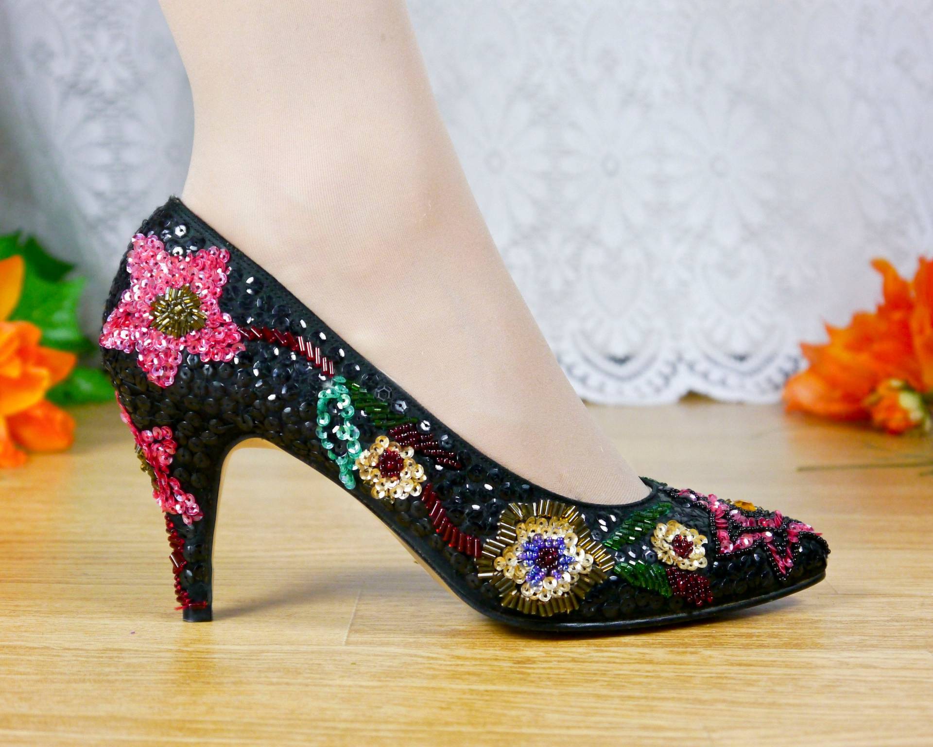 Vintage 80Er 90Er Pailletten Bestickte Pumps Eu 36 | Uk 3 Vintage 80Er 90Er Pailletten Bestickte Pumps Eu 36 | Uk 3 von KleiderKatzeVintage
