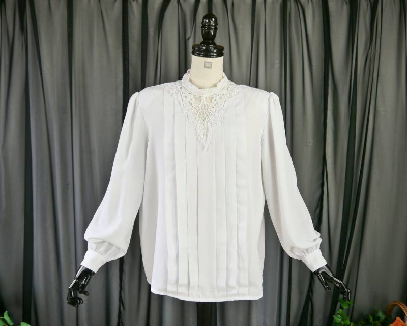 Vintage 80Er 90Er Weiße Langarm Bluse Mit Spitze Xl von KleiderKatzeVintage