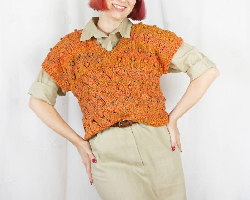 Vintage 80Er Handgestrickter Pullunder in Orange Bunt S-L von KleiderKatzeVintage
