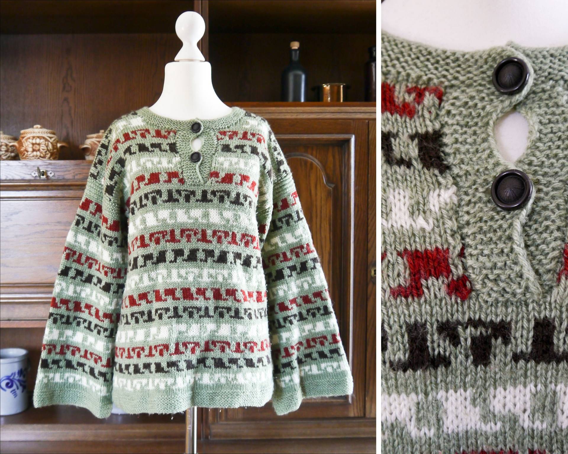 Vintage 80Er Jahre Handgestrickter Woll-Pullover Norweger-Muster Grün-Grau Rot Weiß Strickpullover Unikat Retro Größe Xs | Us 6 Uk 8 Vintage 80Er Jahre Handgestrickter Woll-Pullover Norweger-Muster Grün-Grau Rot Weiß Strickpullover Unikat Retro Größe Xs | Us 6 Uk 8 von KleiderKatzeVintage