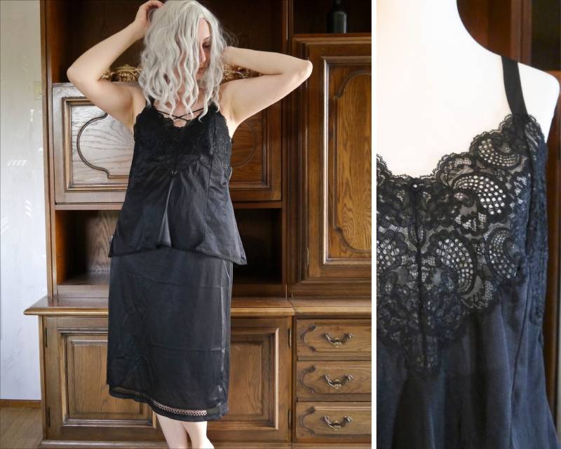 Vintage 80Er Schwarze Unterkleidung Mit Spitze Trägertop & Unterrock L von KleiderKatzeVintage