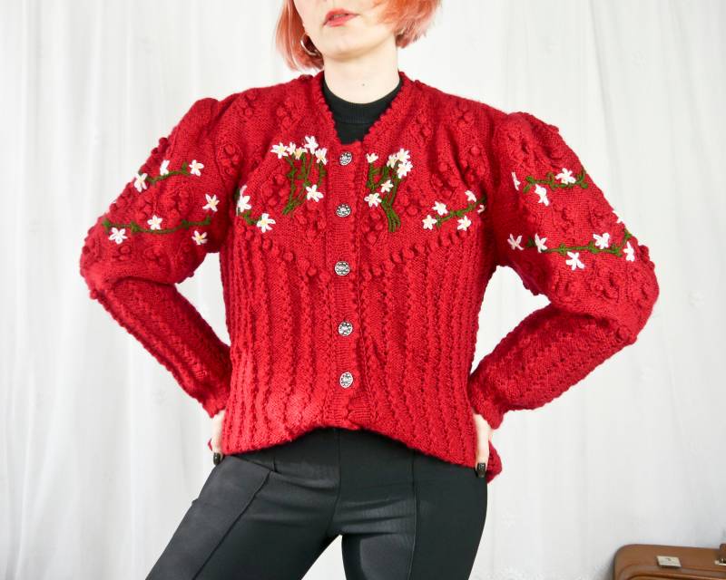 Vintage Tiroler Handgestrickter Cardigan Rot Xl von KleiderKatzeVintage