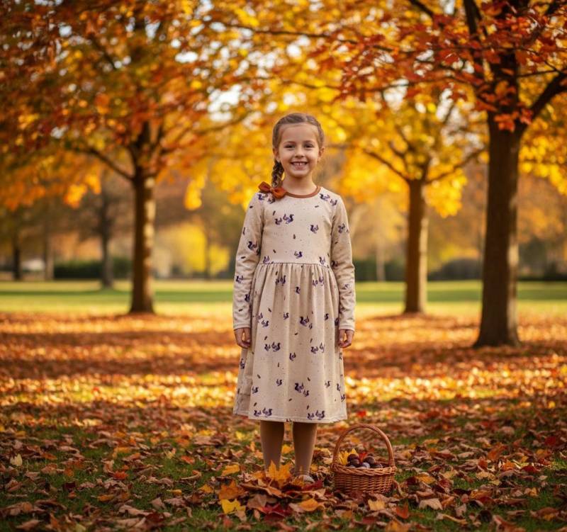 Handgenähtes Jerseykleid Mädchen | Langarm Kleid Mit Eichhörnchen Print Herbstkleid Kind Unikat von KleiderMai