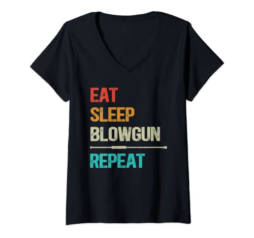 Damen Blasrohrschießen Retro - Eat Sleep Repeat Blasrohr T-Shirt mit V-Ausschnitt von Kleidung für Blasrohrschießen und Blasrohrsport