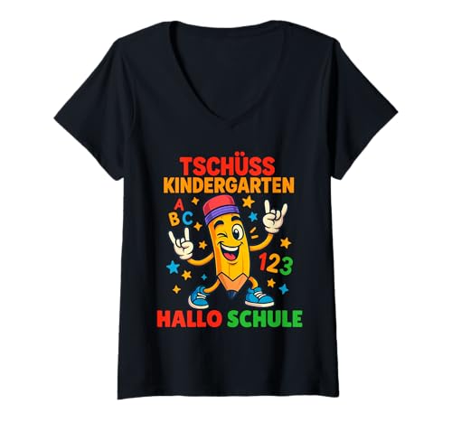 Damen Tschüss Kindergarten Hallo Schule - Kita Abgänger Schulstart T-Shirt mit V-Ausschnitt Damen Tschüss Kindergarten Hallo Schule - Kita Abgänger Schulstart T-Shirt mit V-Ausschnitt von Kleidung zur Einschulung für Jungs & Mädchen