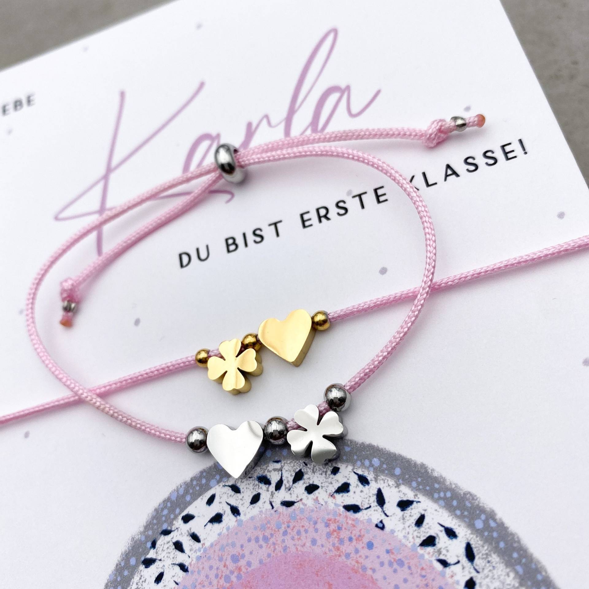 Karte Zur Einschulung Mädchen, Armband Herz Und Glücksklee, Mit Aus Edelstahl in Gold Oder Silber von KleinartShop