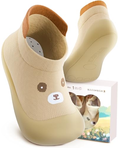 Kleinbär® Krabbelschuhe Kinder [Zehen und Fersenschutz] - Lauflernschuhe 6-18 Monate für maximale Sicherheit - Hausschuhe Kinder Turnschläppchen Jungen & Mädchen - Kinderhausschuhe Sockenschuhe von Kleinbär