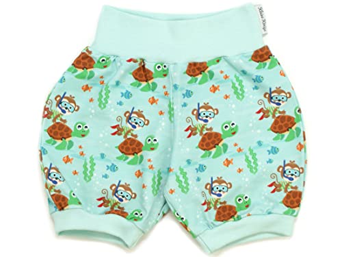 Kleine Könige Kurze Pumphose Baby Jungen Shorts · Modell AFFE Schildkröte Diving Monkey, Aqua · Ökotex 100 Zertifiziert · Größe 50/56 von Kleine Könige