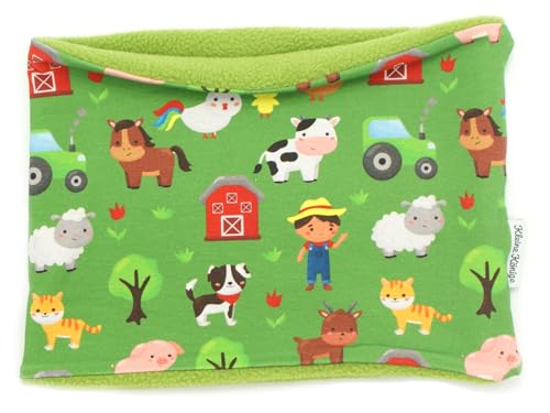 Kleine Könige Loop Schal Kinder Jungen bis 10 Jahre · Modell Pferd Kuh Bauernhof Happy Farm grün · Innen Fleece lemon · Made in Germany von Kleine Könige