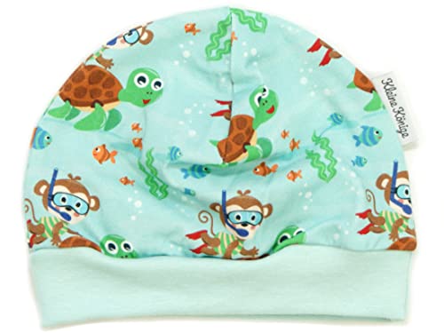 Kleine Könige Mütze Baby Jungen Beanie · Mitwachs-Funktion · Modell Schildkröte AFFE Diving Monkey, Aqua · Ökotex 100 Zertifiziert · Größe 110/116 von Kleine Könige