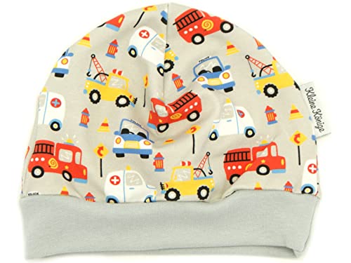 Kleine Könige Mütze Baby Jungen Beanie · Mitwachs-Funktion · Modell Autos Happy Cars, hellgrau · Ökotex 100 Zertifiziert · Größen 110/116 von Kleine Könige
