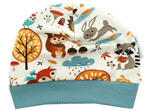 Kleine Könige Mütze Baby Jungen Beanie · Mitwachs-Funktion · Modell Waldtiere Cozy Forest, Rauchblau · Ökotex 100 Zertifiziert · Größen 62/68 von Kleine Könige