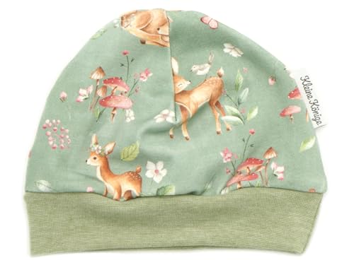 Kleine Könige Mütze Baby Mädchen Beanie · Modell Blumen REH Sweet Deer, Oliv meliert · Ökotex 100 Zertifiziert · Größe 62/68 von Kleine Könige