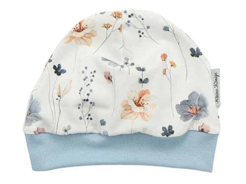 Kleine Könige Mütze Baby Mädchen Beanie · Modell Gräser Wiesenblumen weiß, hellblau · Ökotex 100 Zertifiziert · Größe 74/80 von Kleine Könige