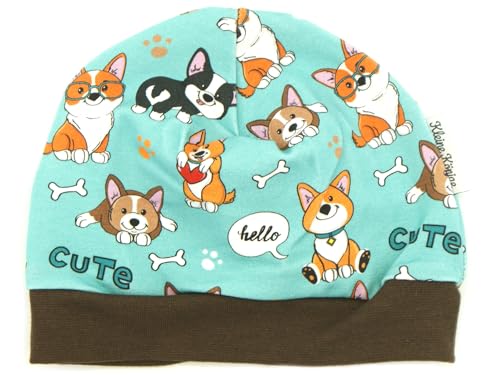 Kleine Könige Mütze Baby Mädchen Beanie · Modell Hund Cute Corgi türkis, braun · Ökotex 100 Zertifiziert · Größe 86/92 von Kleine Könige