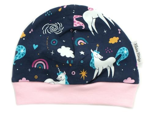 Kleine Könige Mütze Baby Mädchen Beanie · Modell Unicorn Regenbogen Einhorn Marine, zartrosa · Ökotex 100 Zertifiziert · Größe 110/116 von Kleine Könige