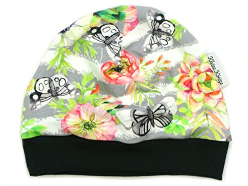 Kleine Könige Mütze Baby Mädchen Beanie · Mitwachs-Funktion · Modell Blumen Flowers & Butterfly, schwarz · Ökotex 100 Zertifiziert · Größe 86/92 von Kleine Könige