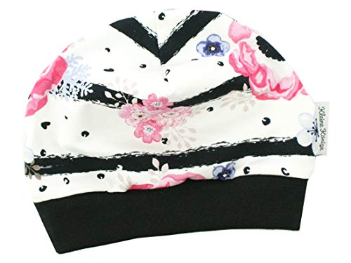 Kleine Könige Mütze Baby Mädchen Beanie · Mitwachs-Funktion · Modell Blumen Streifen Pink Poppy, schwarz · Ökotex 100 Zertifiziert · Größe 110/116 von Kleine Könige