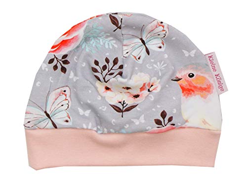 Kleine Könige Mütze Baby Mädchen Beanie · Mitwachs-Funktion · Modell Vögel Birds grau, Altrosa · Ökotex 100 Zertifiziert · Größen 110/116 von Kleine Könige