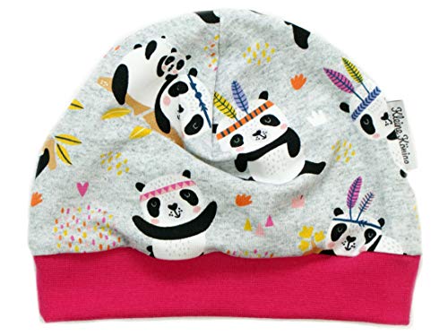 Kleine Könige Mütze Baby Mädchen Beanie · Modell Boho Panda hellgrau, pink · Ökotex 100 Zertifiziert · Größe 74/80 von Kleine Könige