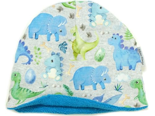 Kleine Könige Mütze Jungen Herbst Winter Kindermütze · Modell Dinosaurier Little Dino grau · Fleece Petrol · Größe 110/116 (KU 50-52) von Kleine Könige