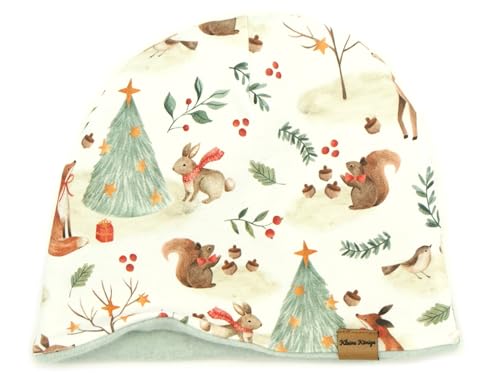 Kleine Könige Mütze Jungen Herbst Winter Kindermütze · Modell Fuchs Hase Weihnachtswald · Fleece Bio Aqua · Größe 122/128 (KU 52-54) von Kleine Könige