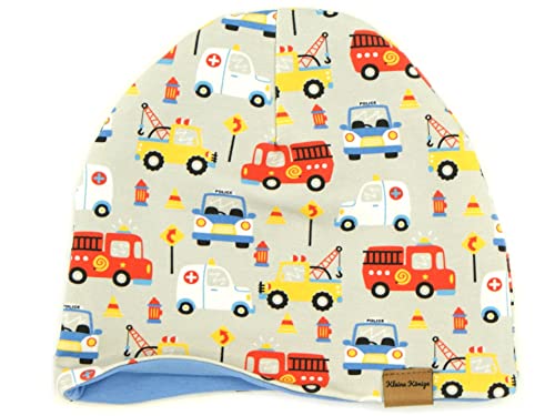 Kleine Könige Mütze Kinder Jungen Beanie · Modell Auto Polizei Happy Cars grau, hellblau · Ökotex 100 Zertifiziert · Größe 110/116 (KU 50-52) von Kleine Könige