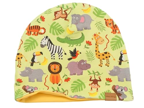 Kleine Könige Mütze Kinder Jungen Beanie · Modell Tiger Löwe Zebra Dschungeltiere grün, gelb · Ökotex 100 Zertifiziert · Größe 110/116 (KU 50-52) von Kleine Könige