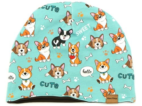 Kleine Könige Mütze Kinder Mädchen Beanie · Modell Hund Cute Corgi türkis, Dunkelbraun · Ökotex 100 Zertifiziert · Größe 122/128 (KU 52-54) von Kleine Könige