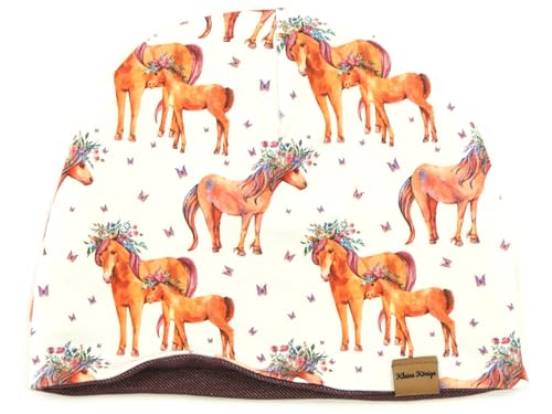 Kleine Könige Mütze Kinder Mädchen Beanie · Modell Pferd Ponyhof weiß, jeansj. aubergine · Ökotex 100 Zertifiziert · Größe 134/140 (KU 55-57) von Kleine Könige