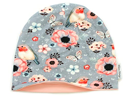 Kleine Könige Mütze Kinder Mädchen Beanie · Modell Blumen Vögel Birds grau, Altrosa · Ökotex 100 Zertifiziert · Größe 110/116 (KU 50-52) von Kleine Könige