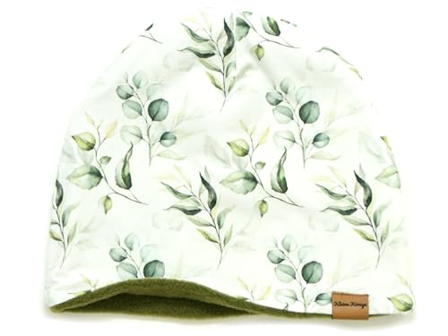Kleine Könige Mütze Mädchen Herbst Winter Kindermütze · Modell Eukalyptus weiß Mint · Fleece Oliv · Größe 86/92 (KU 45-47) von Kleine Könige
