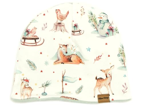 Kleine Könige Mütze Mädchen Herbst Winter Kindermütze · Modell Schneemann REH Winter Wonderland weiß · Fleece Bio Aqua · Größe 134/140 (KU 55-57) von Kleine Könige