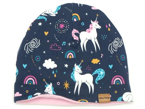 Kleine Könige Mütze Mädchen Herbst Winter Kindermütze · Modell Unicorn Regenborgen Einhorn Marine · Fleece rosa · Größe 98/104 (KU 47-50) von Kleine Könige