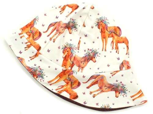 Kleine Könige Sonnenhut Sommer Mütze Baby Mädchen · Modell Horses Pferde Ponyhof weiß, jeansj. aubergine · Ökotex 100 Zertifiziert · Größe 122/128 von Kleine Könige