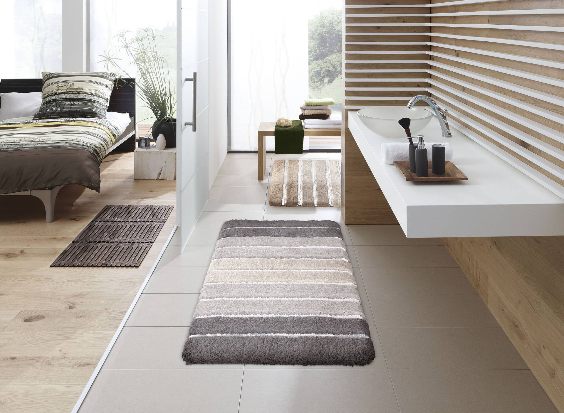 Kleine Wolke Badematte "Phoenix" Höhe 35 mm rutschhemmend beschichtet fußbodenheizungsgeeignet Badteppich, gestreift, Hoch-Tief Effekt, waschbar von Kleine Wolke