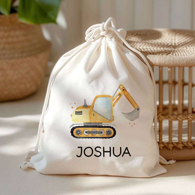 Bagger Turnbeutel Mit Wunschnamen - Baustelle. Rucksack Personalisiert Schule Und Kindergarten Wäschebeutel Wechselwäsche Mädchen & Junge von KleineBuchstabenDE