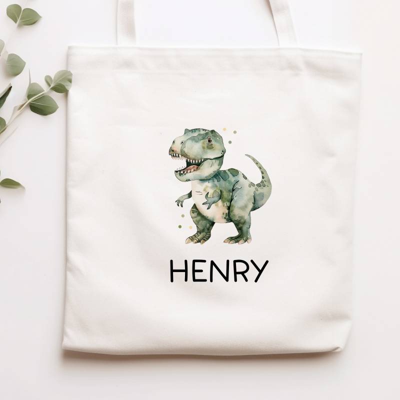 Kinder-Beutel Dinosaurier Dino Stofftasche Tyrannosaurus Rex Tasche Personalisiert Als Sporttasche, Wechselwäsche, Stoffbeutel Kita & Schule von KleineBuchstabenDE