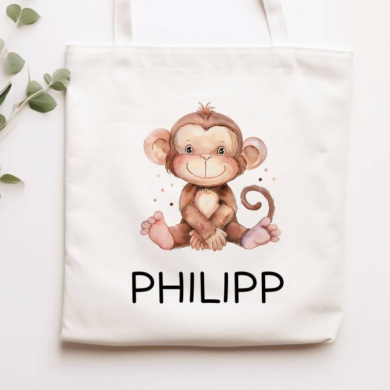 Kinder-Beutel Mit Namen Personalisiert - Affe Stofftasche Als Sporttasche, Wechselwäsche, Tragetasche Kita, Kiga, Schule & Kindergarten von KleineBuchstabenDE
