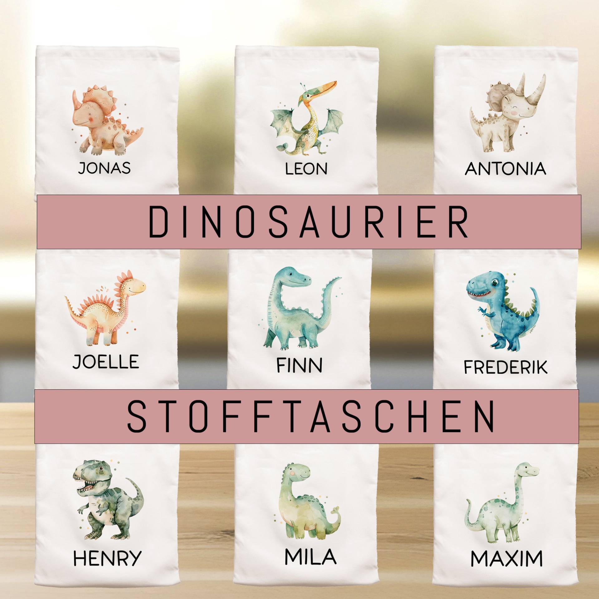 Kinder-Beutel Stoffbeutel Dinosaurier Dino Wunschname Stofftasche Tasche Personalisiert Als Sporttasche, Wechselwäsche, Schule, Kindergarten von KleineBuchstabenDE