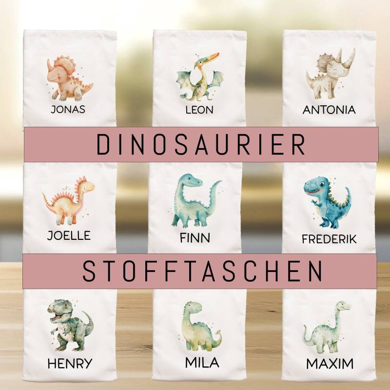 Kinder-Beutel Stoffbeutel Dinosaurier Dino Wunschname Stofftasche Tasche Personalisiert Als Sporttasche, Wechselwäsche, Schule, Kindergarten von KleineBuchstabenDE