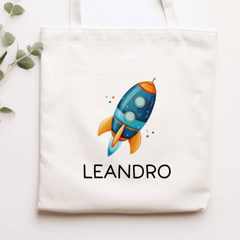 Rakete Personalisiert Stofftasche - Einkaufstasche Kinder-Beutel Mit Namen Als Sporttasche, Tragetasche Wechselwäsche Für Kita Schule 04 von KleineBuchstabenDE