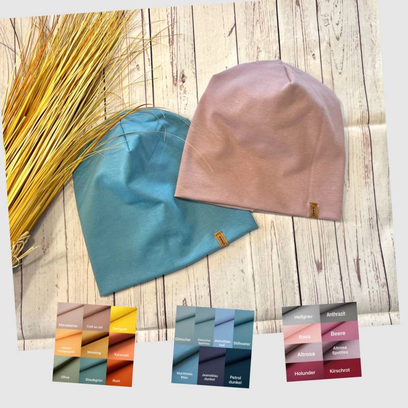 Beanie Bio-Jersey Baby Kind Erwachsene Ku 44-61, Doppellagig Herbst Ubergabgszeit Unifarben, Wendebeanie von KleineNaeaehmadame