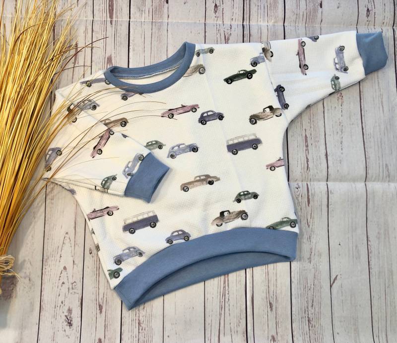 Oversize Sweater Baby Waffelstrick Gr. 56-116, Pullover Baby, Auto Jeansblau, Übergangszeit Sommer Winter Oversize Sweater Baby Waffelstrick Gr. 56-116, Pullover Baby, Auto Jeansblau, Übergangszeit Sommer Winter von KleineNaeaehmadame